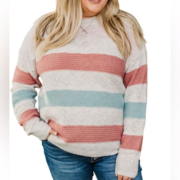 ADORA Sweaters - HEART TO HEART STRIPED KNIT SWEATER- BABY PINK, BRICK & DUSTY BLUE, SIZE 1X